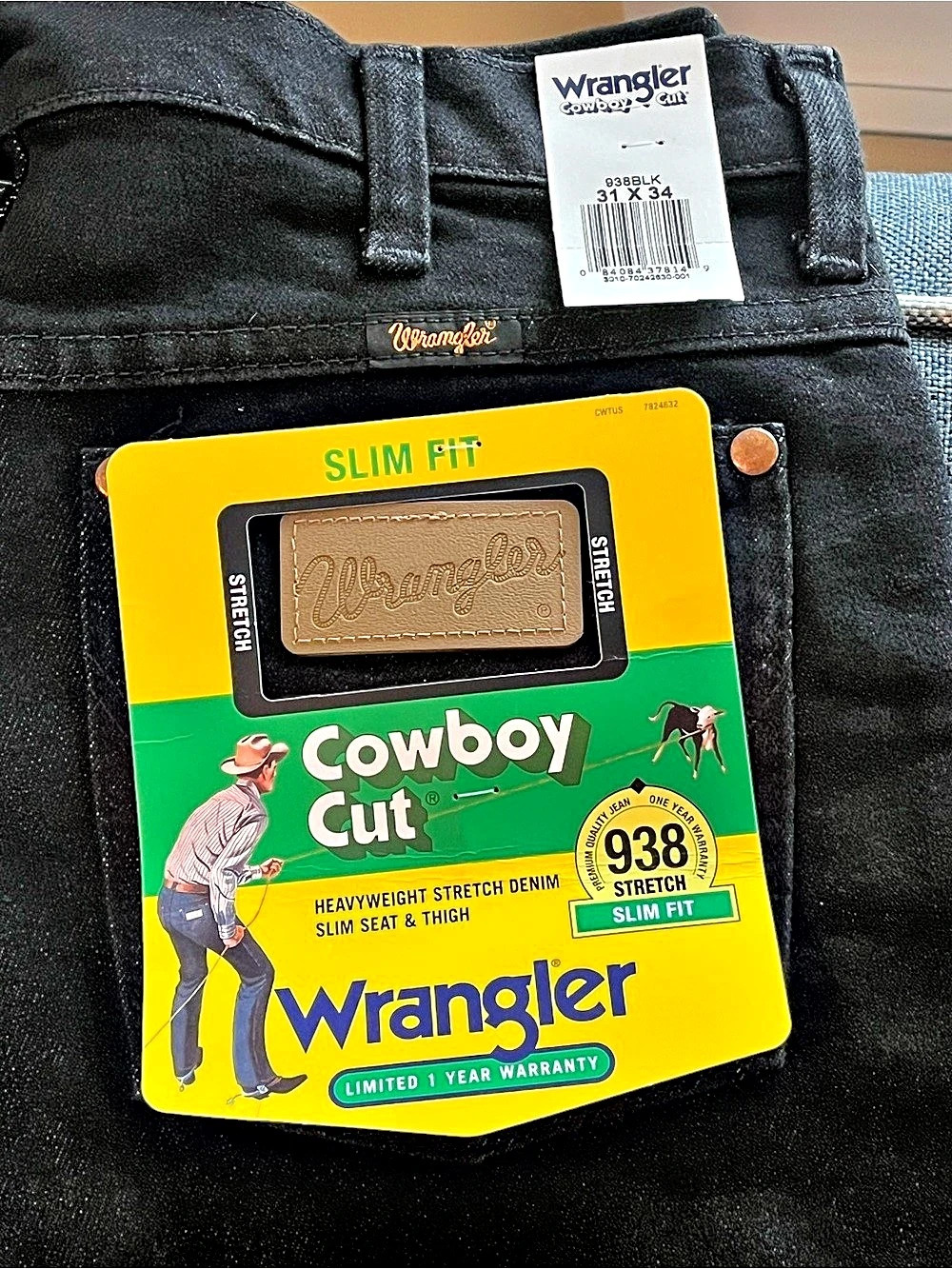Wrangler Cowboy Cut 938BLK Slim Fit Black Denim Waist 31 X 34 NWT